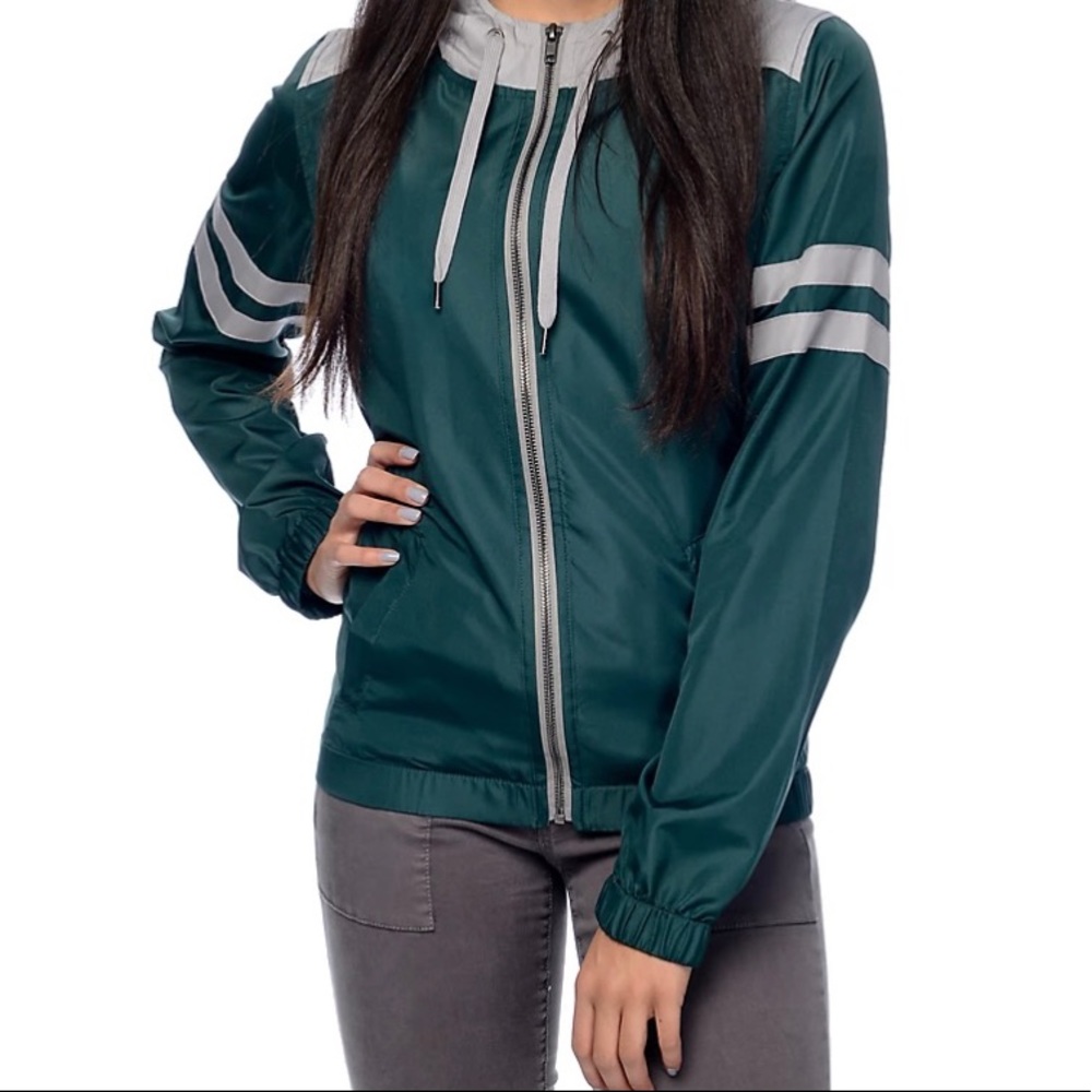 Zine Zion Dark Green & Grey Athletic Stripe Windbreaker Jacket